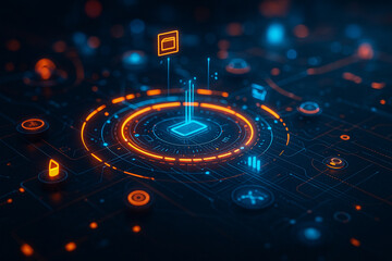 AI generated futuristic holographic interface glowing with neon lights showing digital data system network and technology innovation for secure information and cyber visualization