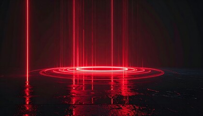 Glowing red rings and beams on dark floor