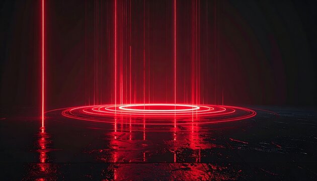 Glowing red rings and beams on dark floor