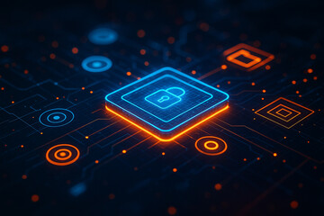 AI generated futuristic holographic lock icon glowing on digital circuit board representing cybersecurity data protection encryption privacy and secure online technology