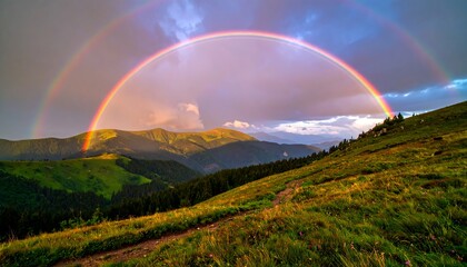 Fototapeta premium Double rainbow over a mountain meadow