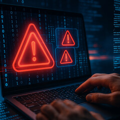 AI generated red warning alert on computer screen symbolizing cybersecurity threat data breach hacking risk and digital system danger
