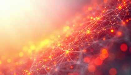 Abstract network of vibrant wires in red, orange, yellow hues. Futuristic cyberspace connects information with glowing nodes, lines. Technology concepts of speed, data transfer, connectivity