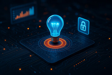AI generated glowing blue light bulb hologram on circuit board symbolizing innovation technology creativity intelligence and futuristic ideas in digital networks