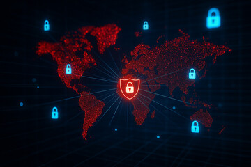 AI generated glowing shield with lock over digital world map symbolizing global cybersecurity network privacy protection and defense against threats