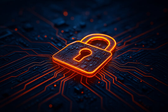 AI generated glowing padlock on circuit board symbolizing cybersecurity data protection privacy and trust in digital technology networks - Powered by Adobe