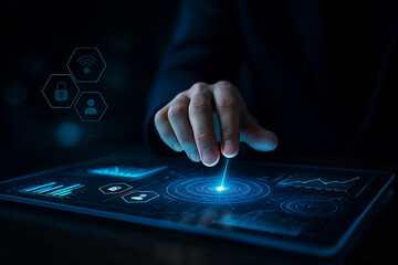 AI generated hand interacting with glowing holographic touchscreen interface symbolizing technology innovation cybersecurity data analysis and digital network connection
