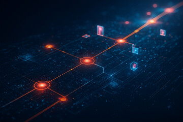 AI generated glowing futuristic network nodes connected by lines symbolizing digital communication blockchain data flow cybersecurity and advanced technology systems