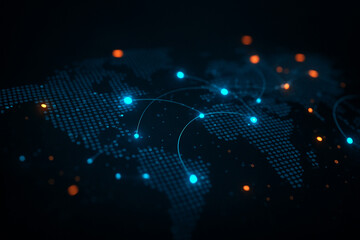 AI generated glowing world map with connected nodes symbolizing global communication technology data exchange internet connection and futuristic digital networks