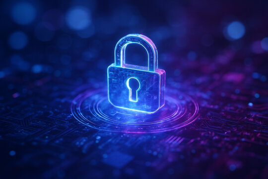 AI generated glowing blue padlock hologram on circuit board symbolizing cybersecurity privacy protection secure networks encryption and futuristic digital safety - Powered by Adobe
