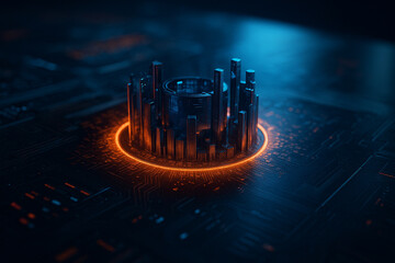 AI generated glowing futuristic city skyline built on circuit board symbolizing smart city technology innovation digital infrastructure and advanced virtual connection