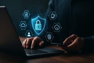 AI generated concept of digital security showing a glowing lock shield interface protecting data cloud network privacy access with futuristic holographic elements and technology theme