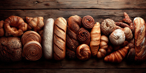 Assorted fresh bread and pastries on rustic wooden table
