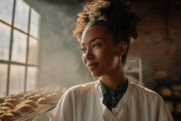 Smiling female baker in bakery with fresh bread
