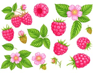 Fresh raspberries, leaves, and flowers