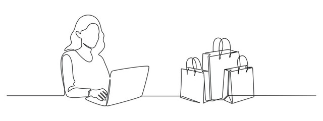 Woman with laptop computer and shopping bags in one continuous line drawing. Symbol of online shopping in simple linear style. Internet delivery in Editable stroke. Outline vector illustration