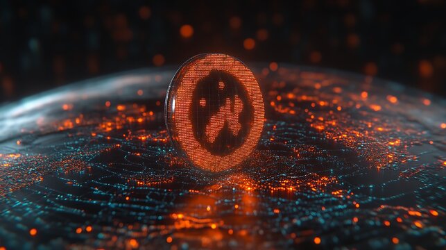 Digital sphere, glowing orange/red, resting on a network of glowing lines, resembling a world map - Powered by Adobe