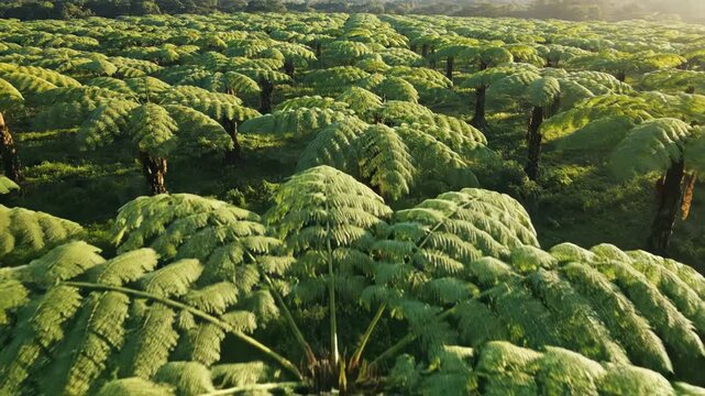 Lush green tree fern field under soft sunlight, showcasing natural patterns and tropical vegetation. Serene botanical landscape.