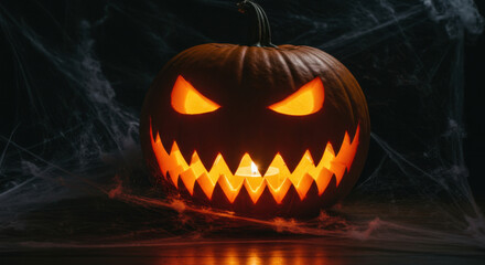 Fototapeta premium Halloween pumpkin with a spooky face carved into it, glowing in a dark room filled with spider webs 