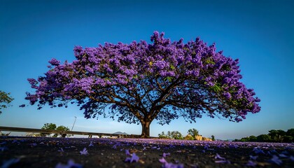 Vibrant purple tree against a clear blue sky