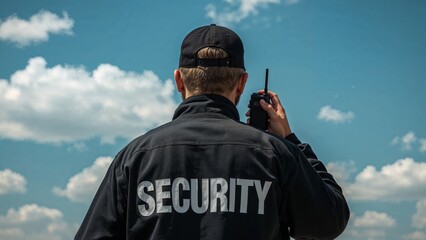 Security guard communicating under bright sky