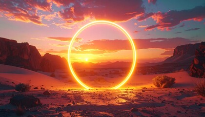 Glowing ring in desert sunset landscape