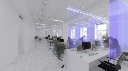 Modern office space with glass partitions and minimalist design featuring white desks, computers, and natural light
