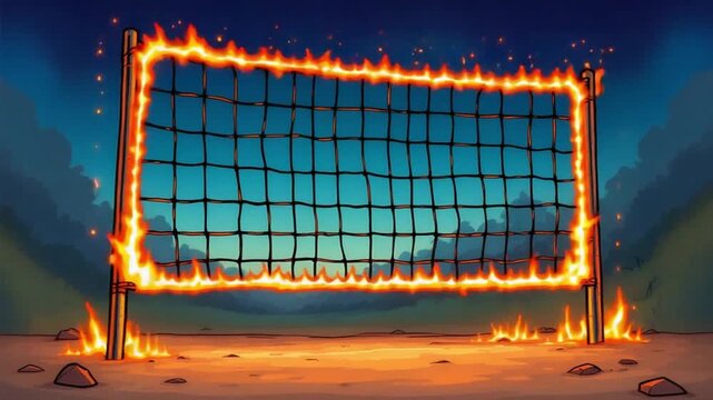 Dramatic Scene of a Volleyball Net Engulfed in Flames.
