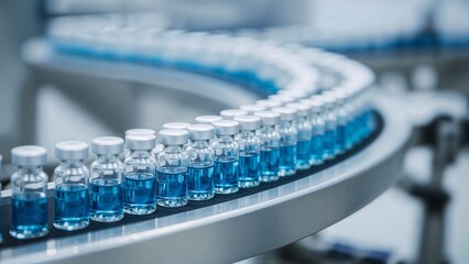 Blue liquid vials on sterile production line