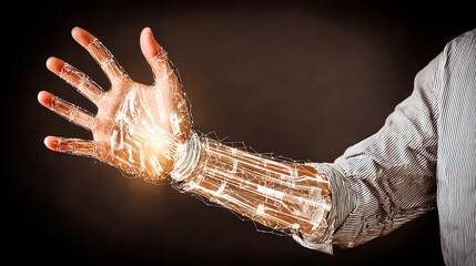 Human hand with visible skeletal and neural structures illuminated, showcasing biomechanical anatomy