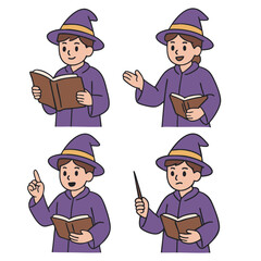 Cartoon wizard reading book, teaching, thinking, and casting spell with wand, wearing purple robe