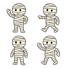 Cartoon mummy character, cute, happy, waving, walking, simple line art, white background