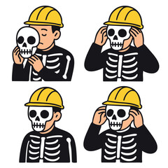 Skeleton costume worker wearing yellow helmet, putting skull mask, cartoon illustration