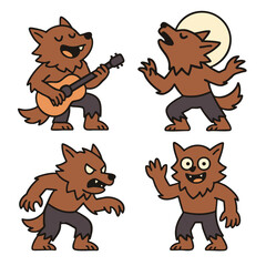 Cartoon werewolf playing guitar, howling at moon, angry, and waving, joyful and expressive