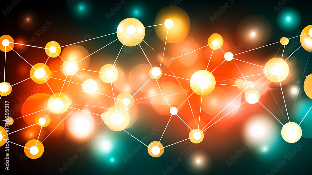 Wall mural abstract network of glowing nodes connected by lines against a colorful bokeh background