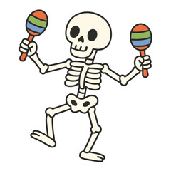 Dancing skeleton cartoon with maracas, cheerful, colorful, festive, isolated on white background