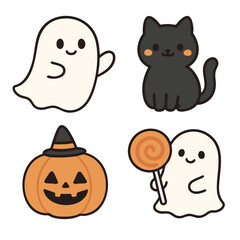 Cute ghost, black cat, pumpkin with hat, and ghost with lollipop cartoon for Halloween