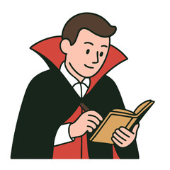 Vampire costume man cartoon writing notebook Halloween red black white happy