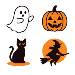 Halloween ghost, pumpkin, black cat, witch silhouette, orange background, spooky, festive