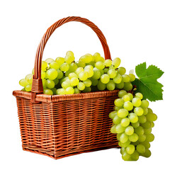 Wicker basket overflowing with freshly green grapes isolated on white