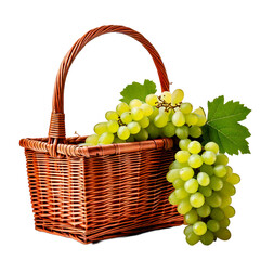 Wicker basket overflowing with freshly green grapes isolated on white