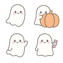 Cute ghost cartoon pumpkin candy waving happy Halloween white background kawaii style