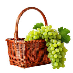 Wicker basket overflowing with freshly green grapes isolated on white