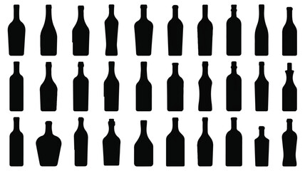 A black and white illustration of 24 different wine and liquor bottle silhouettes arranged in three rows (1)



