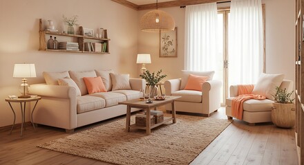 Bright Cozy Living Room with White Sofas and Natural Light in Modern Home