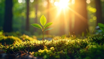 A vibrant young sprout emerges from the forest floor, bathed in golden sunlight, showcasing the promise of new life.