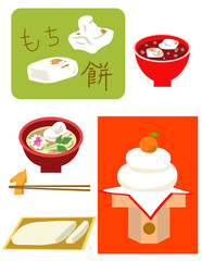 餅、雑煮、お汁粉、のし餅、鏡餅のイラスト