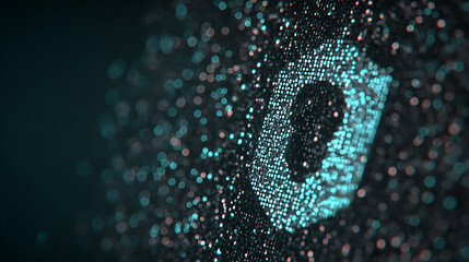 Digital particle formation of a lock symbol, representing cybersecurity and data protection in a futuristic tech environment