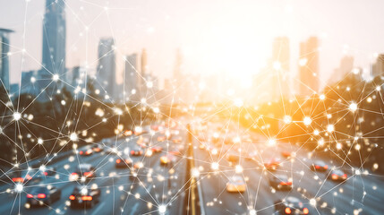 Urban highway traffic with digital network overlay during sunrise