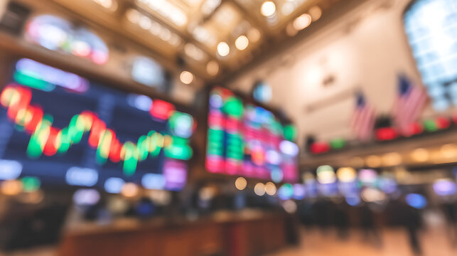 Blurred view of a busy stock exchange trading floor with digital screens displaying financial data and American flags in the background. - Powered by Adobe